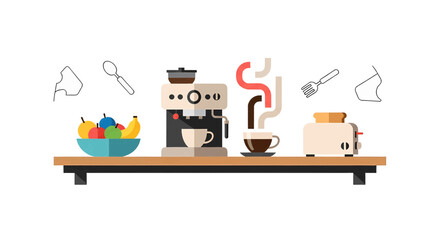 Modern kitchen counter scene with breakfast essentials. Flat design vector illustration of a coffee machine, toaster, and fresh fruit for a morning routine concept on a white background.