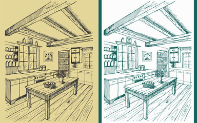Hand-Drawn Rustic Kitchen Interior Illustration