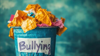Trash can with crumpled papers labeled "Bullying"