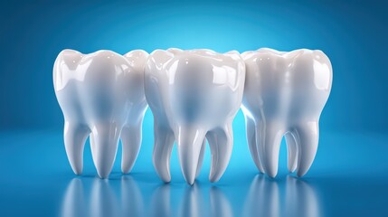 Three Shiny White Human Teeth 3 D Render Rotating Slowly on Blue Background isolated on a transparent background