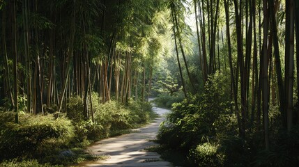 Obraz premium Serene Bamboo Forest Path Winding Through Lush Greenery Sunlight Dappled isolated on a transparent background