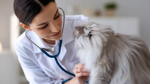 Vet examines fluffy Persian cat, using stethoscope. Gentle interaction, showcasing pet care and veterinary medicine. Trust, health, animal wellness - Powered by Adobe