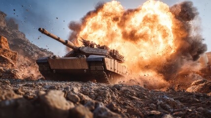 Military Tank Driving Through Explosion Rocky Terrain Desert Warfare Scene isolated on a transparent background