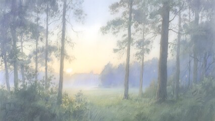 Misty Forest at Dawn with Soft Light Filtering Through Trees