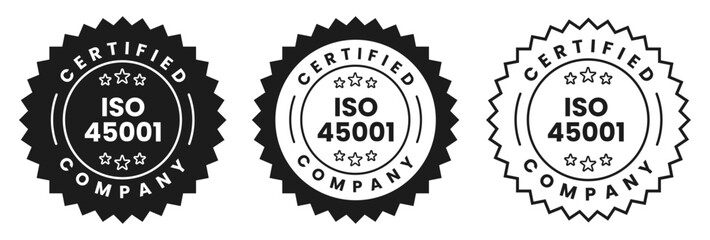 ISO 45001 Certified Company Stamp Badge Seal, Label Quality Assurance Compliance Mark for Occupational Health and Safety Management Standard Certification Vector Illustration on Transparent Background