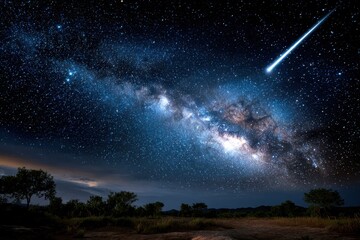 Starlit night sky with a bright meteor streaking across the Milky Way