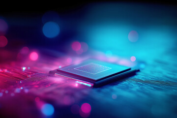 Futuristic Glowing CPU Chip Accelerating Digital Revolution with Neon Energy and a Board Placed on Top of Computer Motherboard AI
