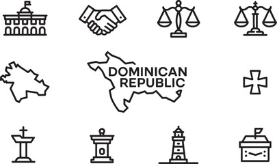 Dominican Republic Outline Icons Set Government, Justice, Geography, Religion, and Landmarks