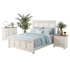 Elegant bedroom set with white furniture and blue accents isolated on transparent background