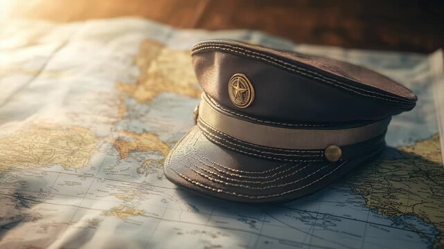 Captain's hat on world map, illuminated by warm sunlight