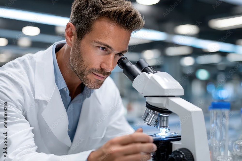 Aufkleber scientist examines samples closely using a microscope in a modern laboratory setting