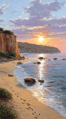 Coastal sunset, cliffs, beach, footprints