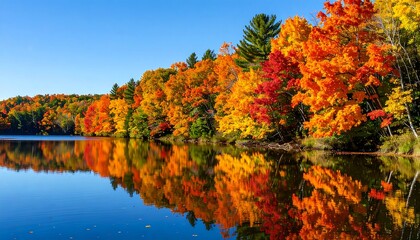 Obraz premium Vibrant autumn foliage reflected in still water