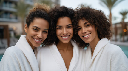 Three happy women friends in white bathrobes sitting by the pool at a luxury resort, laughing and enjoying a sunny day together. women friends at luxury spa, laughing by pool, well