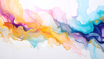Vibrant Abstract Fluid Art with Gold Accents and Flowing Colorful Swirls on White Backdrop