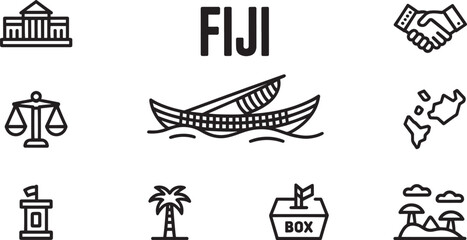 Fiji Outline Icons Set Government, Justice, Geography, Religion, and Landmarks