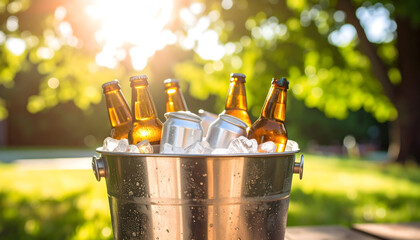 Chilled Bottles And Cans Of Beer In A Metal Ice Bucket Outdoors In Summer Sunlight