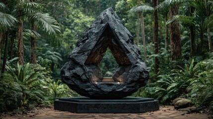 Dark, sculpted rock, apex shape, in lush forest