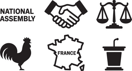 French National Assembly Symbols Handshake Scales Rooster France Map Podium Black Silhouette