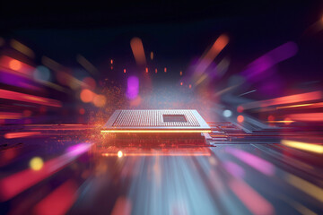 Futuristic Glowing CPU Chip Accelerating Digital Revolution with Neon Energy and a Board Placed on Top of Computer Motherboard AI
