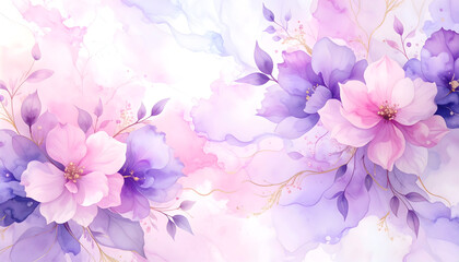 Watercolor floral arrangement with pink and purple blossoms and gold accents against a soft white background