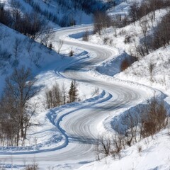 Obraz premium Winding road through snowy mountain landscape