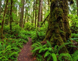 Obraz premium Serene hiking trail leading through the dense, vibrant green wilderness of an old-growth temperate rainforest.