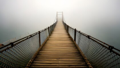 Naklejka premium A straight-on view of a long, wooden suspension bridge disappearing into a thick, mysterious fog or mist over a body of water.