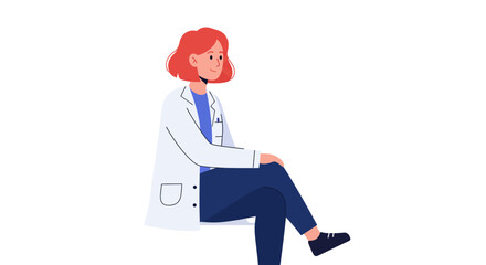 Illustration of a Female Doctor Seated, Red Hair, in a Lab Coat on White