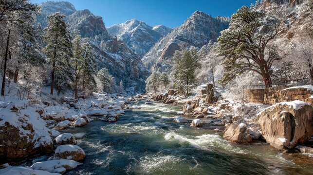 Snowy river canyon, sun-drenched
