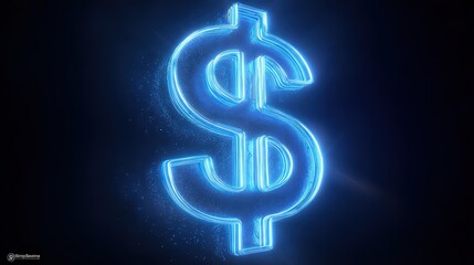 Obraz premium Bright Blue Neon Dollar Sign Symbol Glowing with Particles isolated on a transparent background