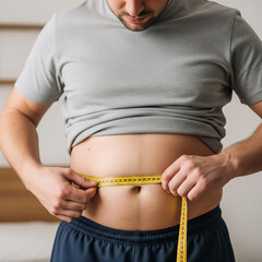 young man measuring his waist. Overweight man measuring waist with measure tape. close up of Weight loss.