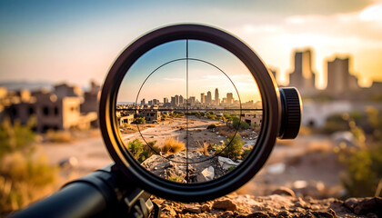 View Through A Sniper Scope Focusing On City Buildings At Sunset With War Torn Landscape