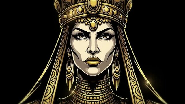 Powerful queen illustration wearing golden crown and intricate gown