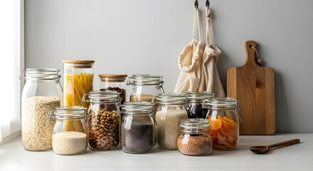 Organized glass jars filled with various dry goods, displayed on a kitchen counter.