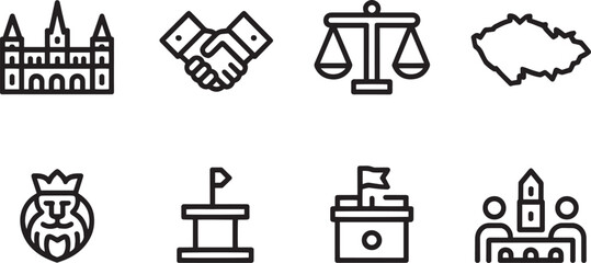 Icon Set Featuring Building, Handshake, Justice, Czech Republic, Lion, Podium, and People