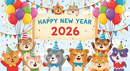 Obraz premium Happy New Year 2026 with cute cartoon bears, balloons, and confetti, vector illustration