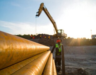 Construction site with pipes and heavy machinery