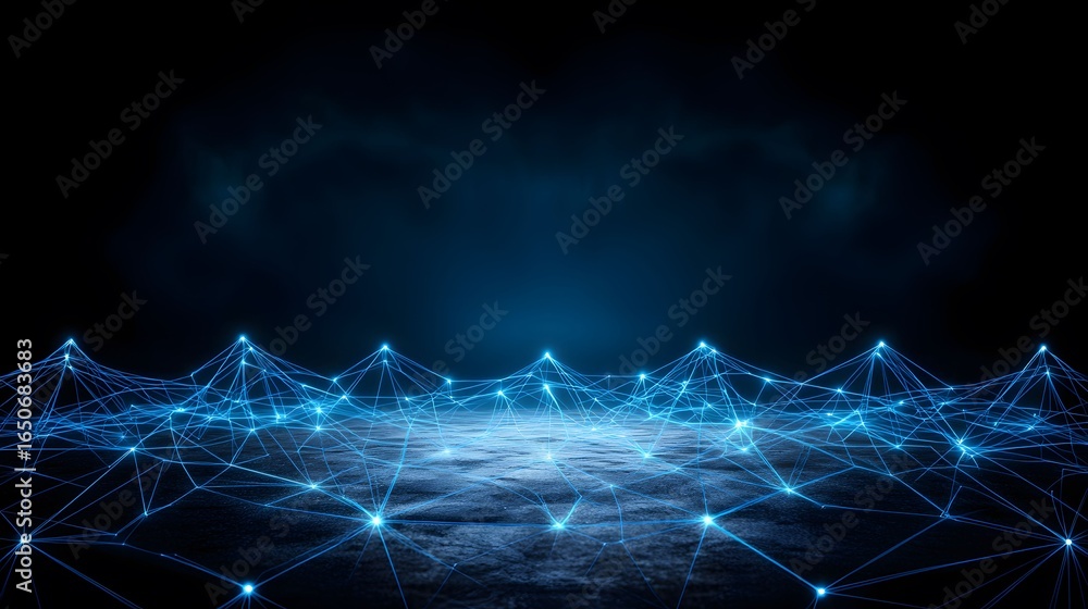 Poster the image shows a network of interconnected blue lines and glowing nodes against a dark, textured ba