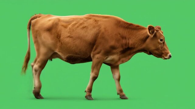 Brown cow walking across green screen background