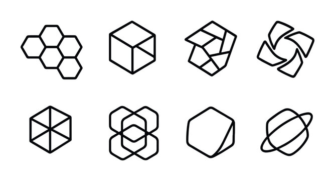Futuristic Geometric Icon Set. Outline icon set of futuristic geometric designs: hexagonal pattern, 3D shapes,