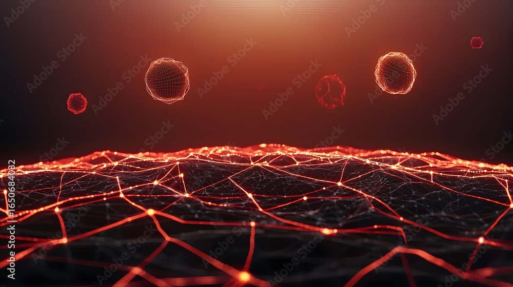Poster the image features a fiery red abstract network on a dark background, with interconnected lines, glo