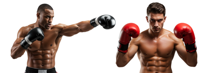 Two muscular boxers, one with black gloves, one with red on transparent background