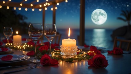 Romantic Candlelight Dinner Background with Roses and Moonlight