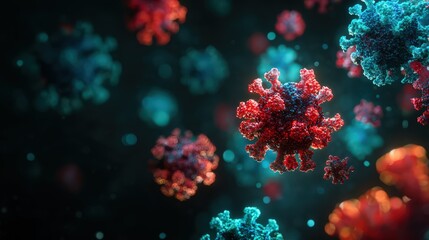 Fototapeta premium Microscopic 3 D Render of Red and Teal Virus Particles isolated on a transparent background