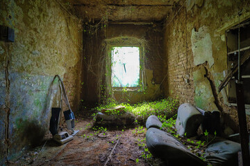 overgrown bed with an old broken vacuum cleaner in a lost place building