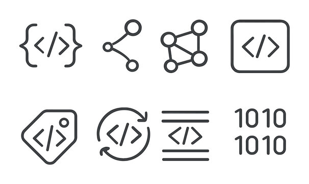 AI Code Icon Set. Outline icon set of AI code shapes: bracket arc, command curve, symbol mesh, syntax block,