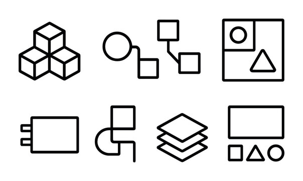AI Modular Icons. Outline icon set of AI modular forms: building block, shape unit, connected square, nested