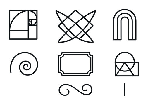 Abstract Art Deco Icons. Outline icon set of abstract art deco lines: golden ratio path, symmetry mesh, arch