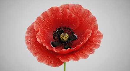A single red poppy flower with water droplets on its petals against a plain light gray background close up